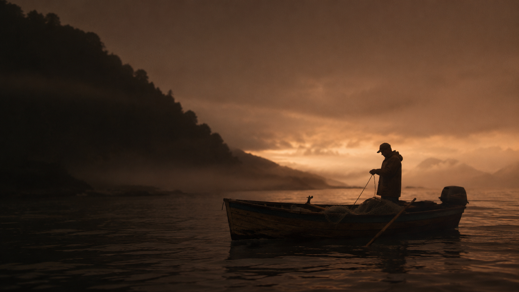 Un pescador recoge sus redes desde un bote de madera entre la niebla del atardecer en el sur de Chile.